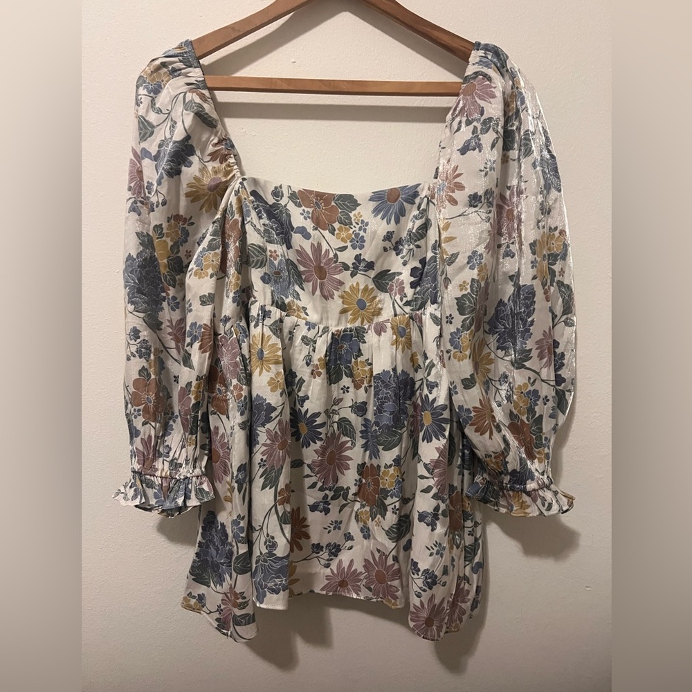 Storia Floral Puff Sleeve Babydoll Blouse - Cream, Blue, Brown